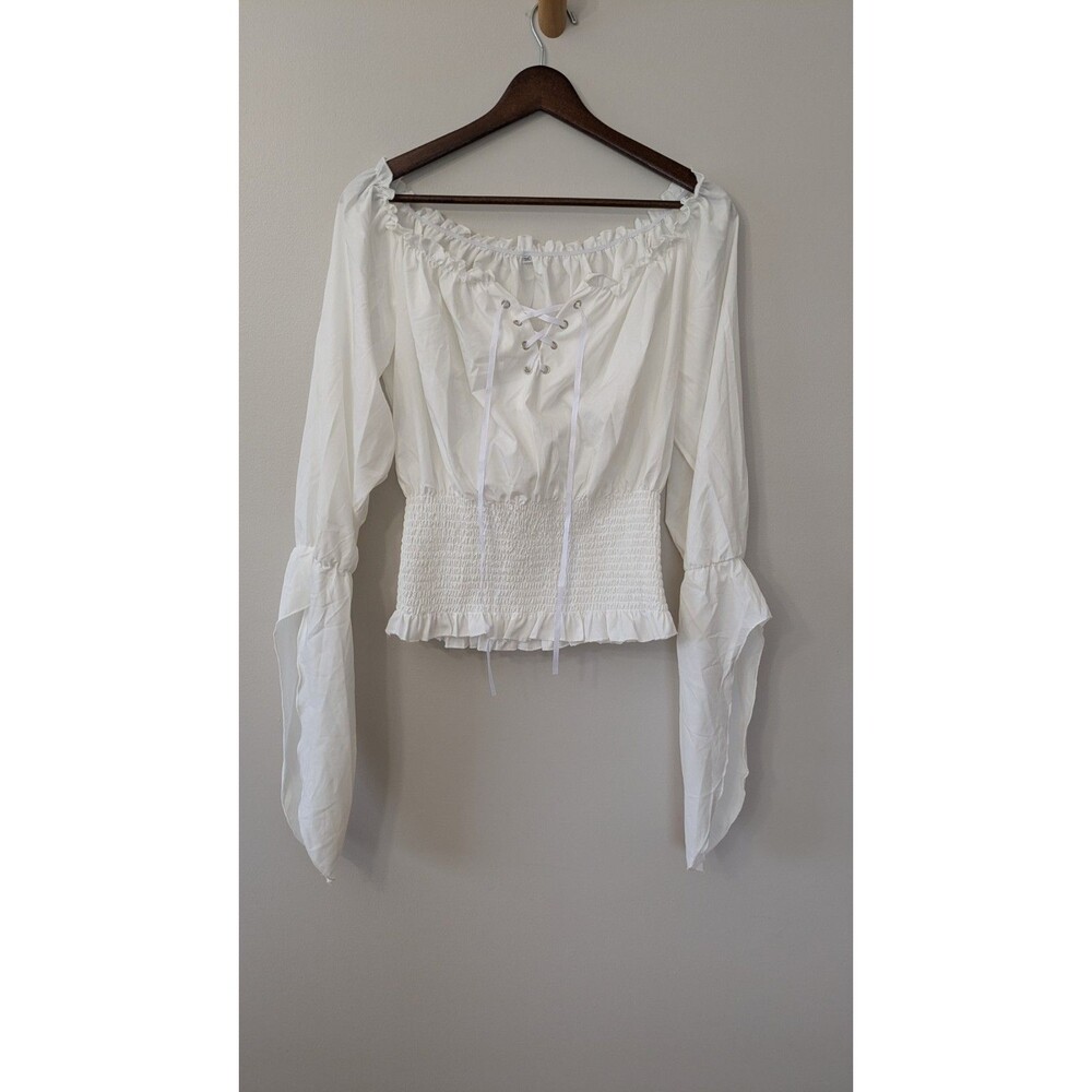 Womens Smocked Peasant Top 3XL Ren Faire Cosplay Lace Up Split Bell Sleeve White